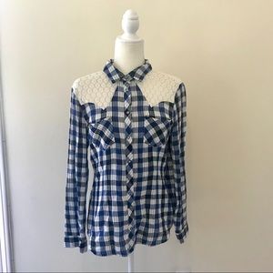 Vince Camuto Blue Gingham Lace Blouse Medium